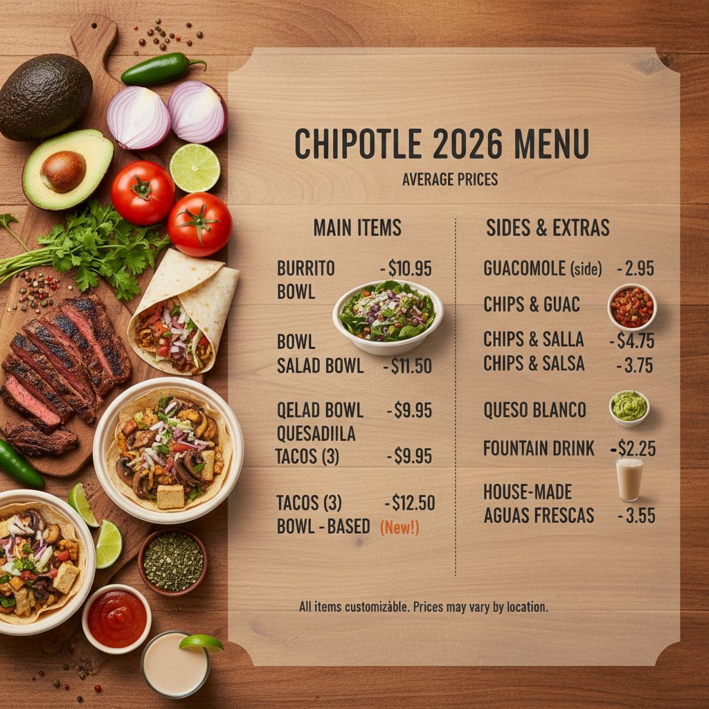 Complete Chipotle Menu Prices 2026 displaying burritos, bowls, and tacos with average costs Complete Chipotle Menu Prices 2026 displaying burritos, bowls, and tacos with average costs