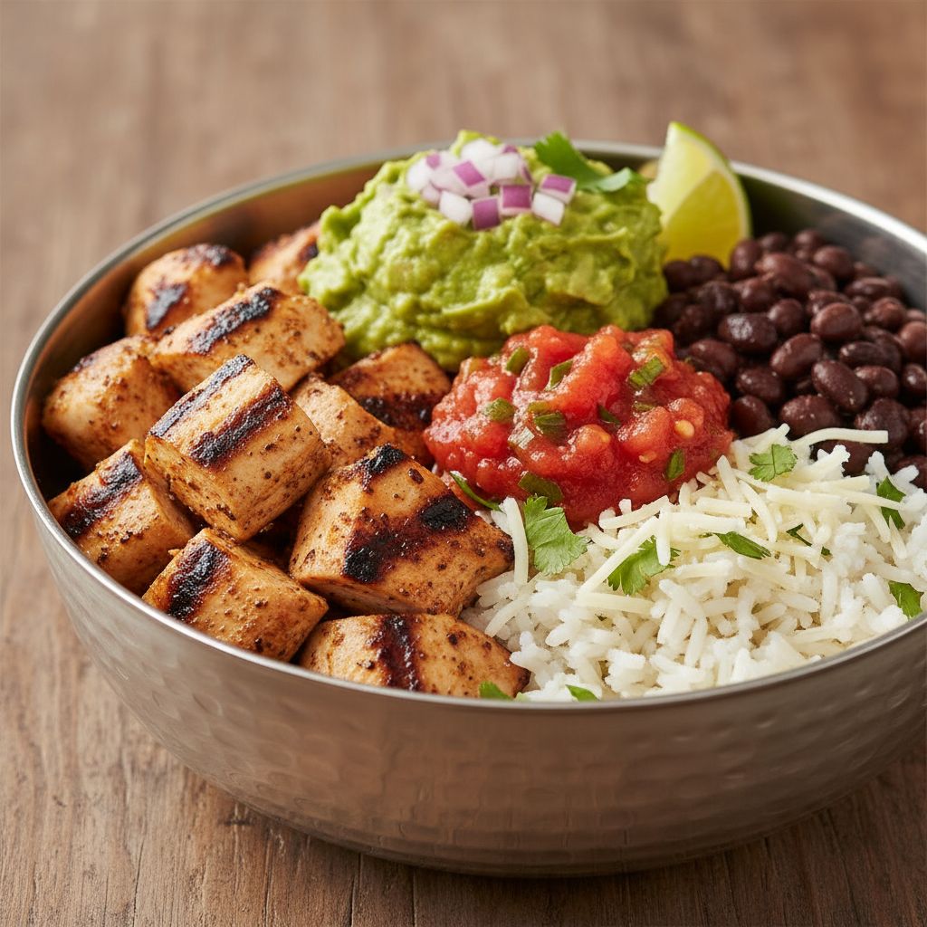 A fresh Chipotle burrito bowl with chicken, rice, beans, and fresh salsa A fresh Chipotle burrito bowl with chicken, rice, beans, and fresh salsa