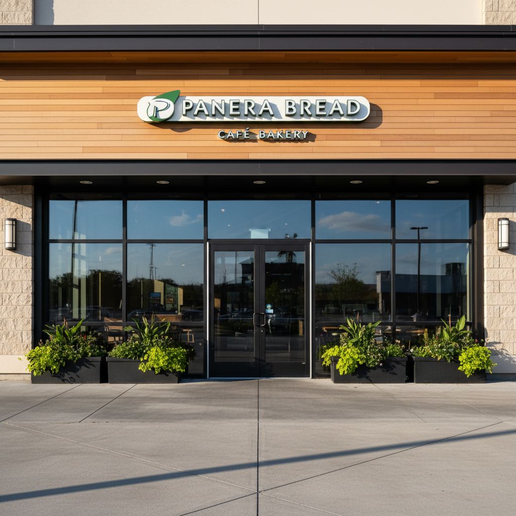 Panera Bread exterior storefront with 2026 menu signage Panera Bread exterior storefront with 2026 menu signage
