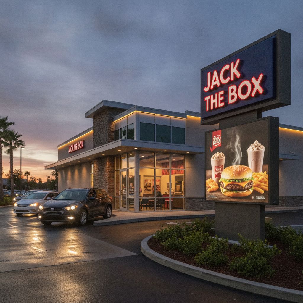Jack in the Box restaurant front exterior at dusk Jack in the Box restaurant front exterior at dusk