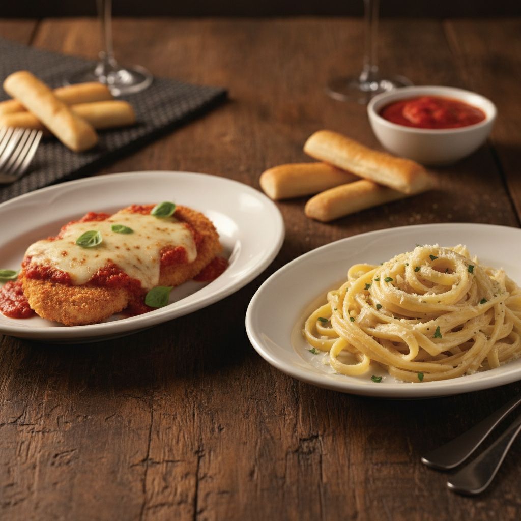 Olive Garden lighter portions menu items showing smaller portions of classic chicken parmigiana and fettuccine alfredo