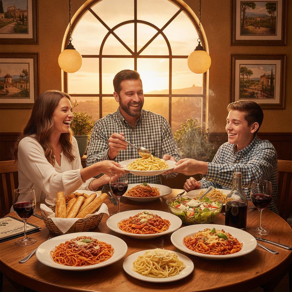 Olive Garden final verdict dinner table with happy family eating pasta Olive Garden final verdict dinner table with happy family eating pasta