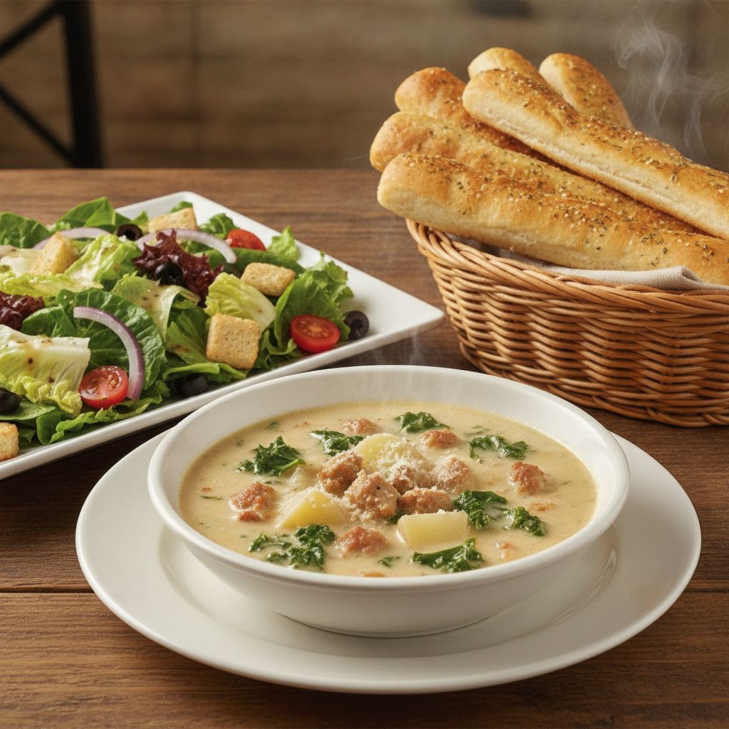 Olive Garden unlimited soup salad and breadsticks combo on a table Olive Garden unlimited soup salad and breadsticks combo on a table