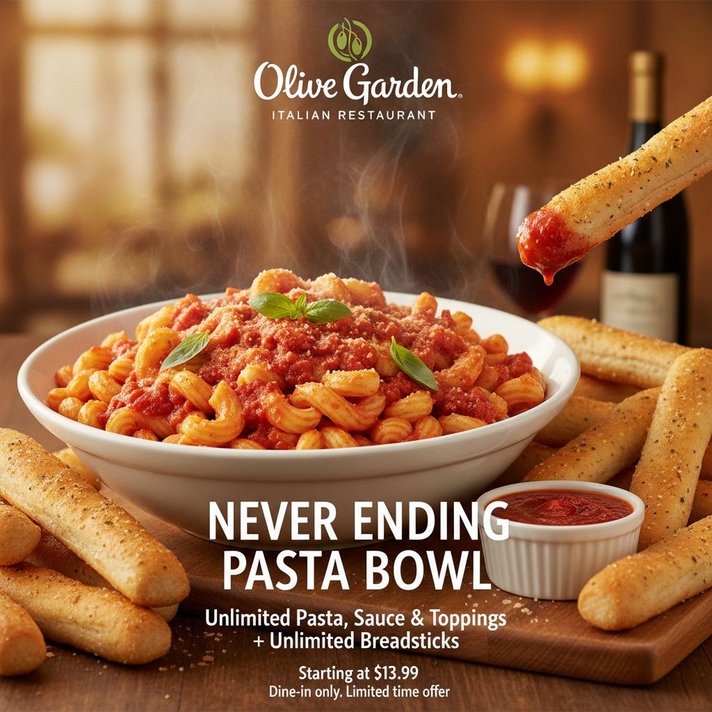 Olive Garden specials and deals never ending pasta bowl poster Olive Garden specials and deals never ending pasta bowl poster