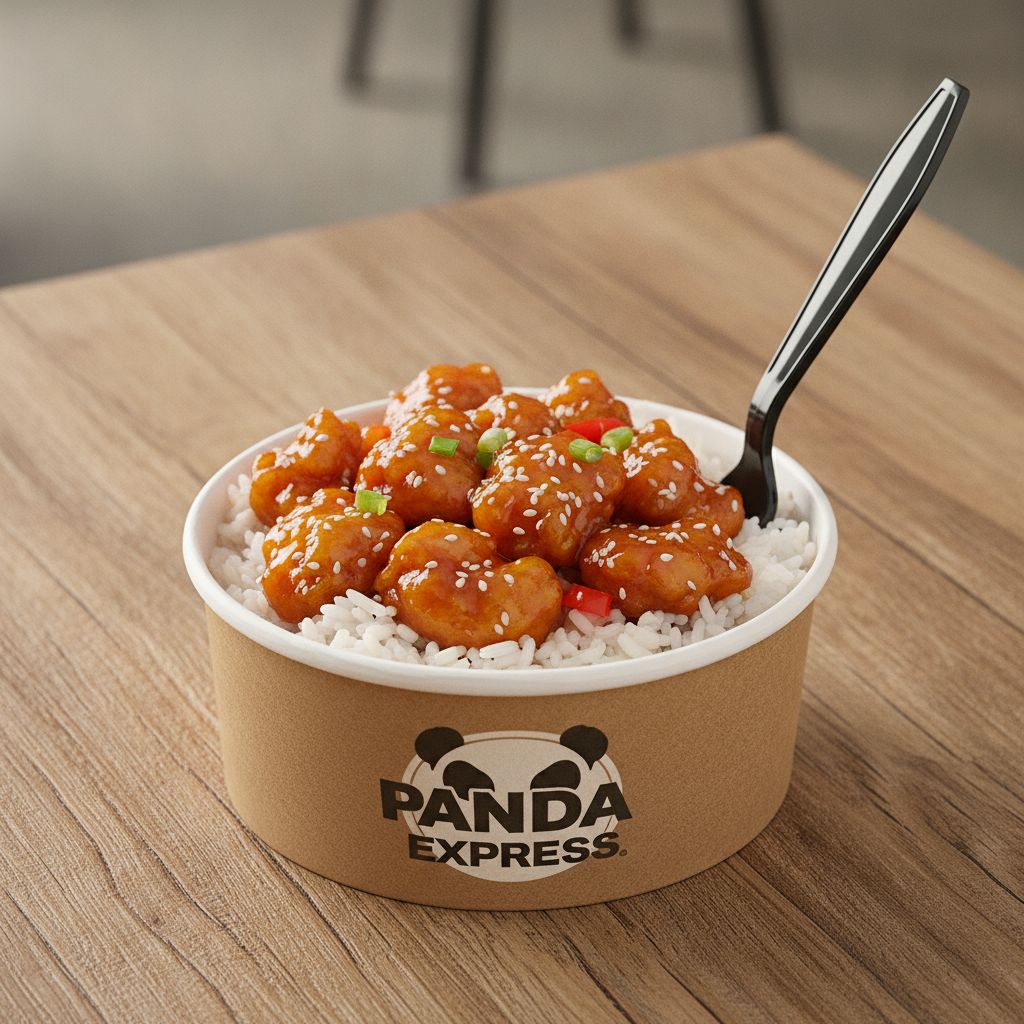 A fresh Panda Express bowl with orange chicken and white rice on a clean table. A fresh Panda Express bowl with orange chicken and white rice on a clean table.