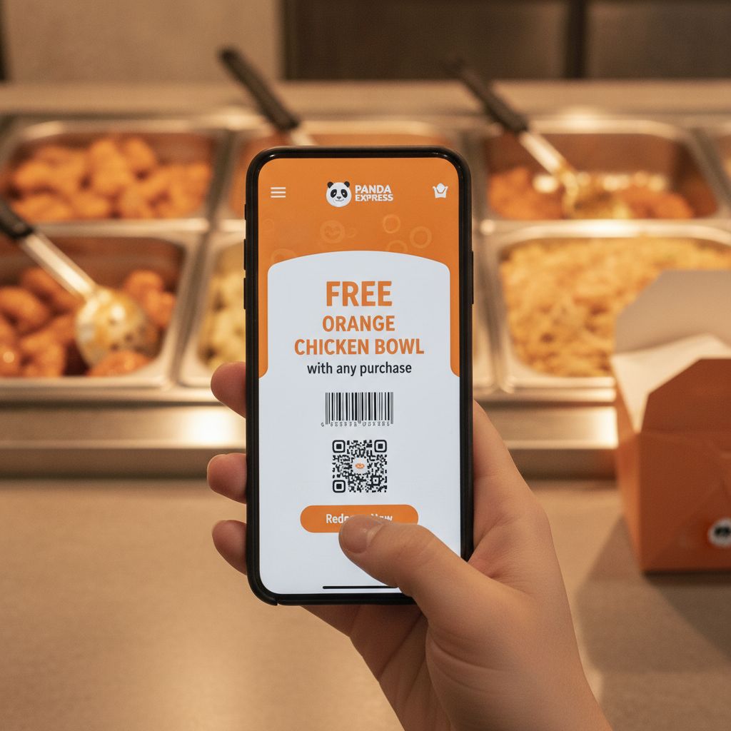 A person using a smartphone with the Panda Express app to get a discount. A person using a smartphone with the Panda Express app to get a discount.