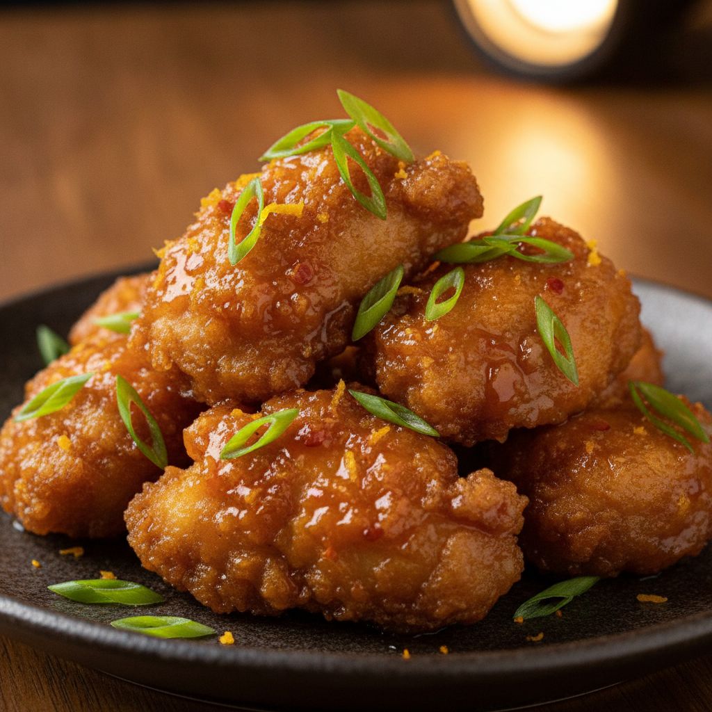 A plate of Panda Express Orange Chicken. A plate of Panda Express Orange Chicken.