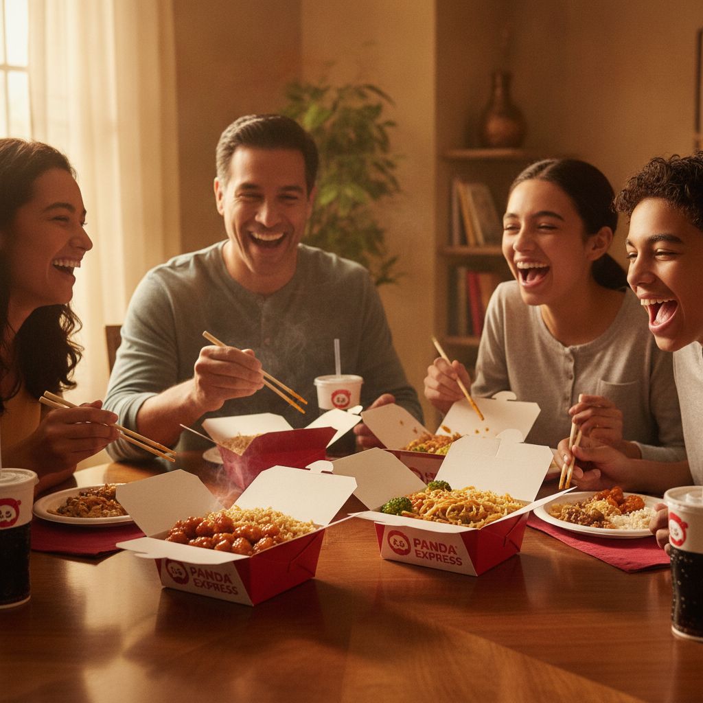 A happy family sharing a Panda Express meal at home. A happy family sharing a Panda Express meal at home.