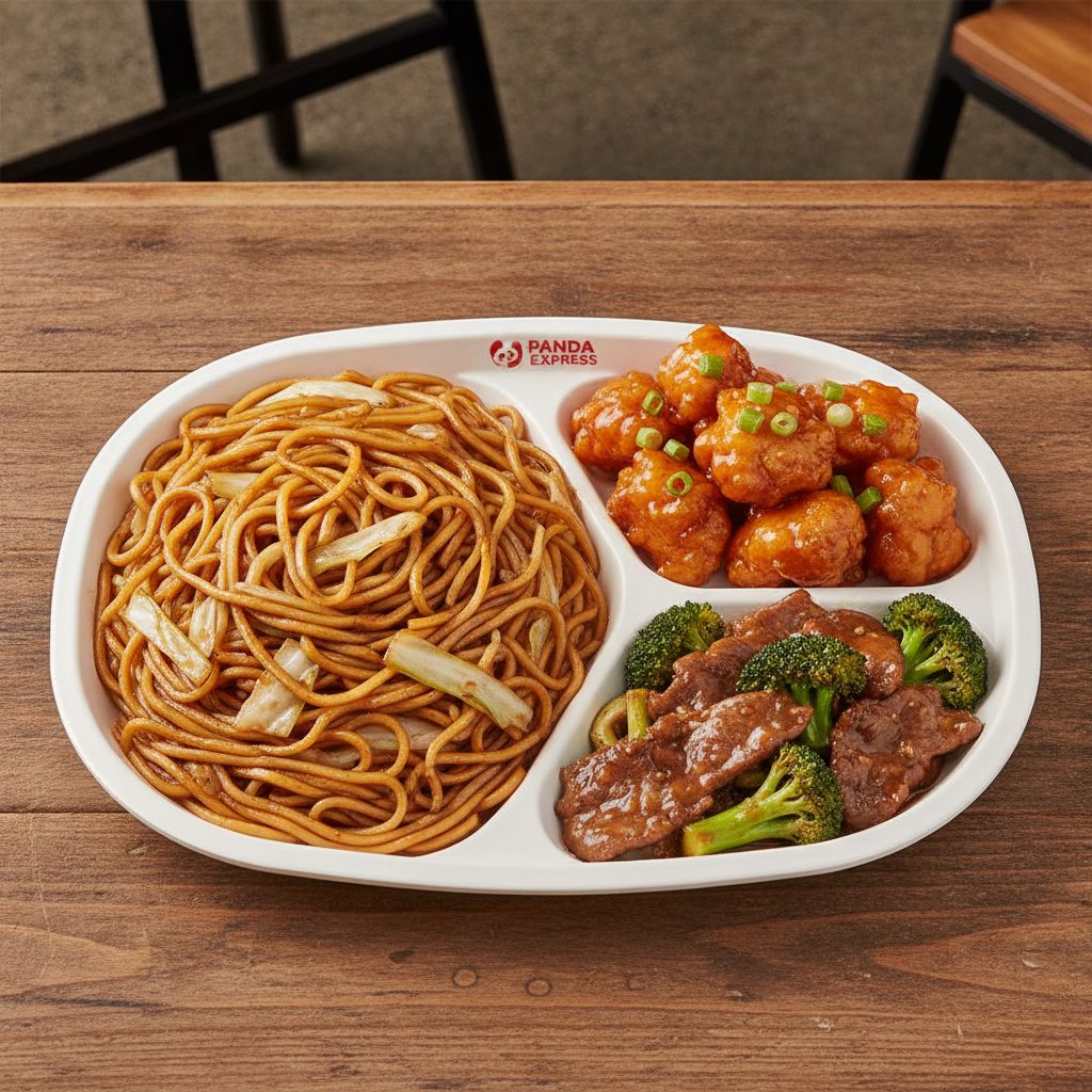 A standard Panda Express plate with chow mein, orange chicken, and broccoli beef. A standard Panda Express plate with chow mein, orange chicken, and broccoli beef.