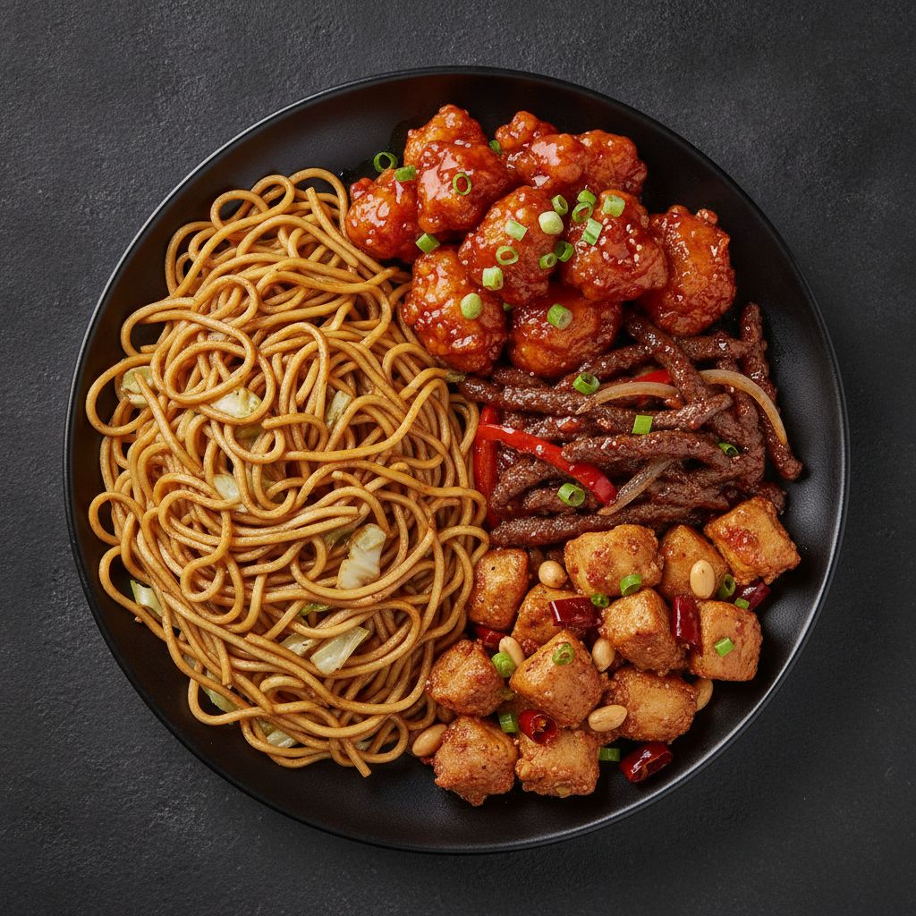 A Panda Express Bigger Plate with three entrees and chow mein. A Panda Express Bigger Plate with three entrees and chow mein.