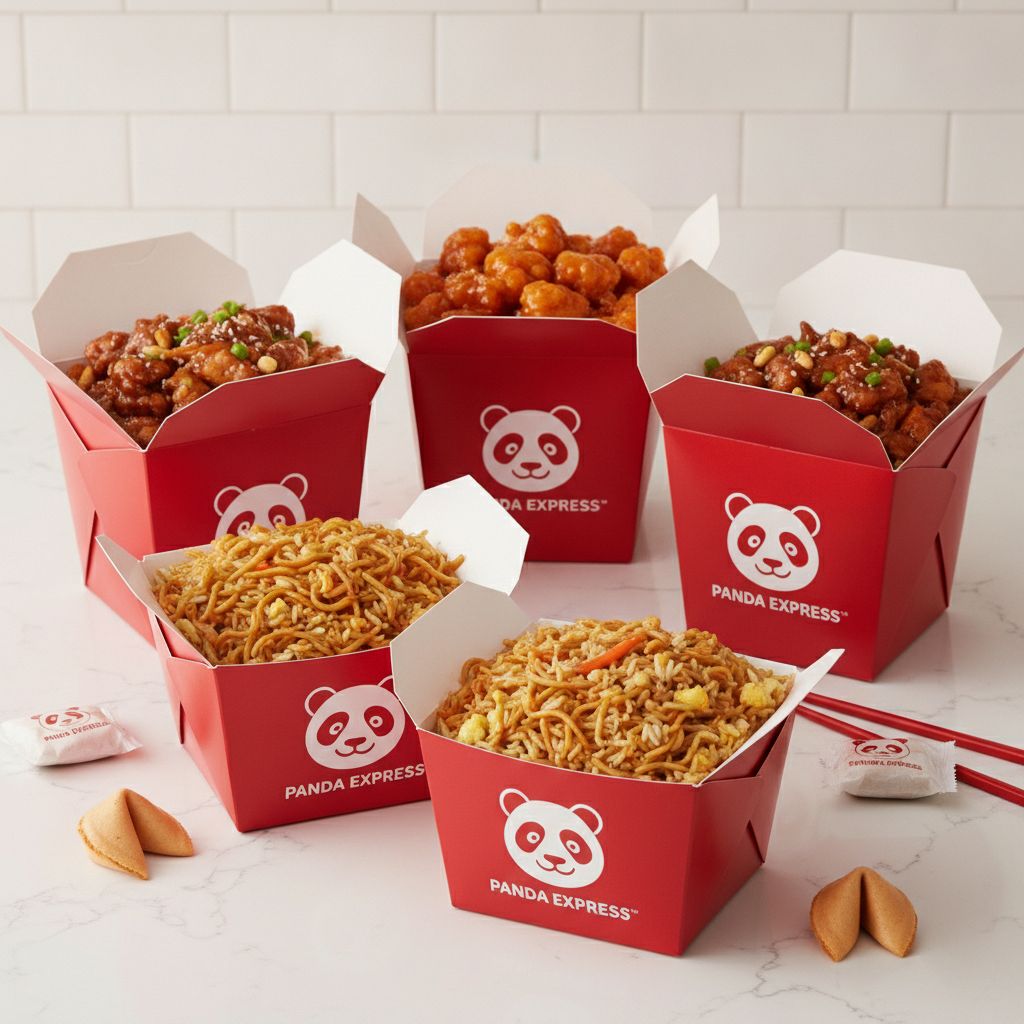 A Panda Express Family Meal box with multiple large sides and entrees. A Panda Express Family Meal box with multiple large sides and entrees.