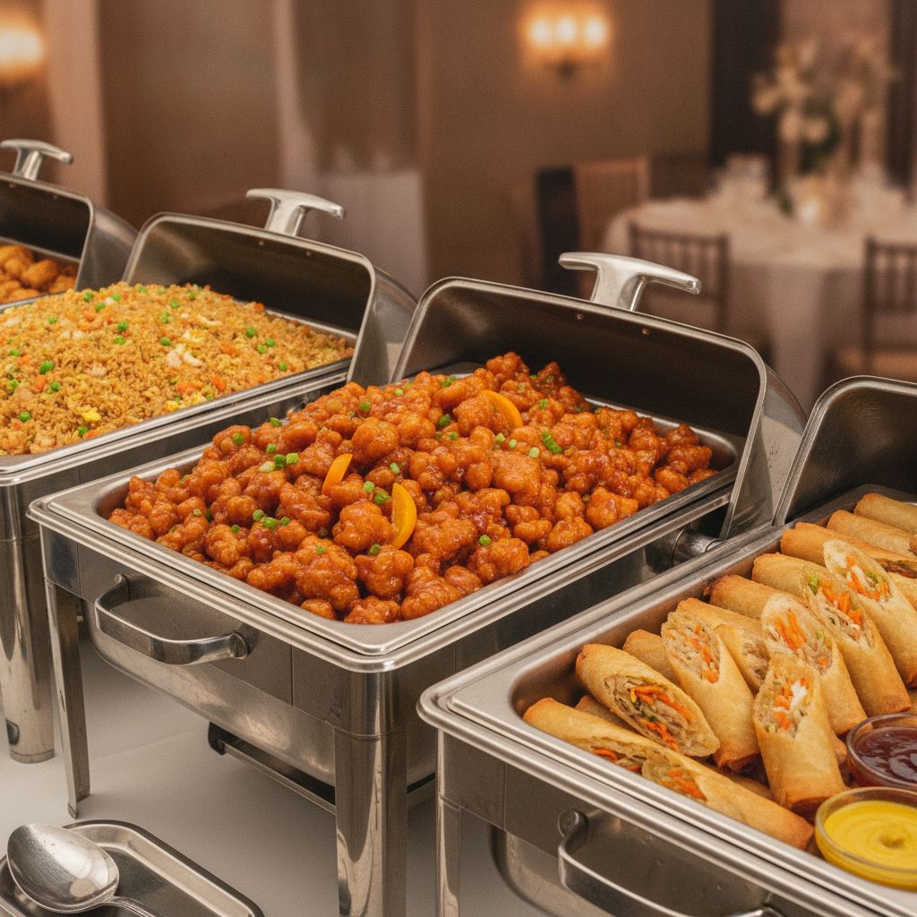 A catering setup of Panda Express food with large trays. A catering setup of Panda Express food with large trays.