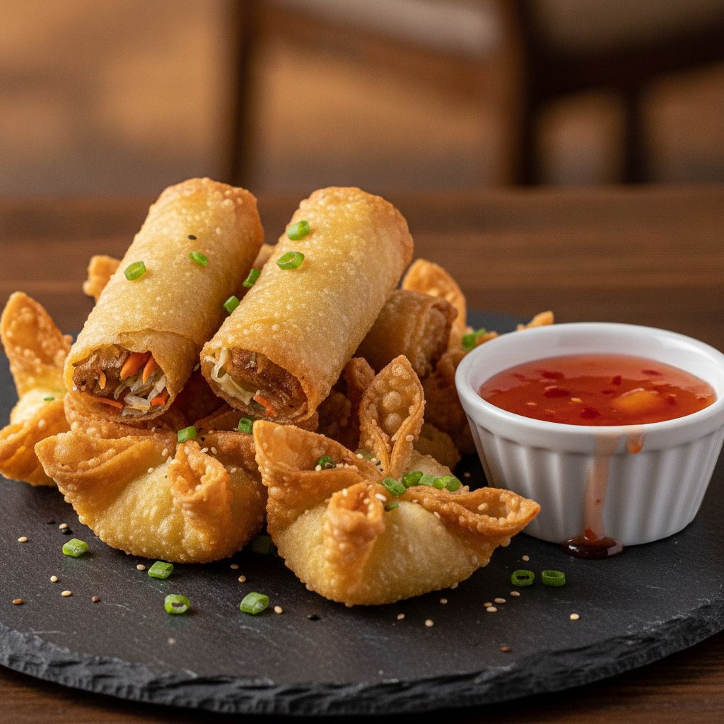 Panda Express appetizers including spring rolls and cream cheese rangoons. Panda Express appetizers including spring rolls and cream cheese rangoons.