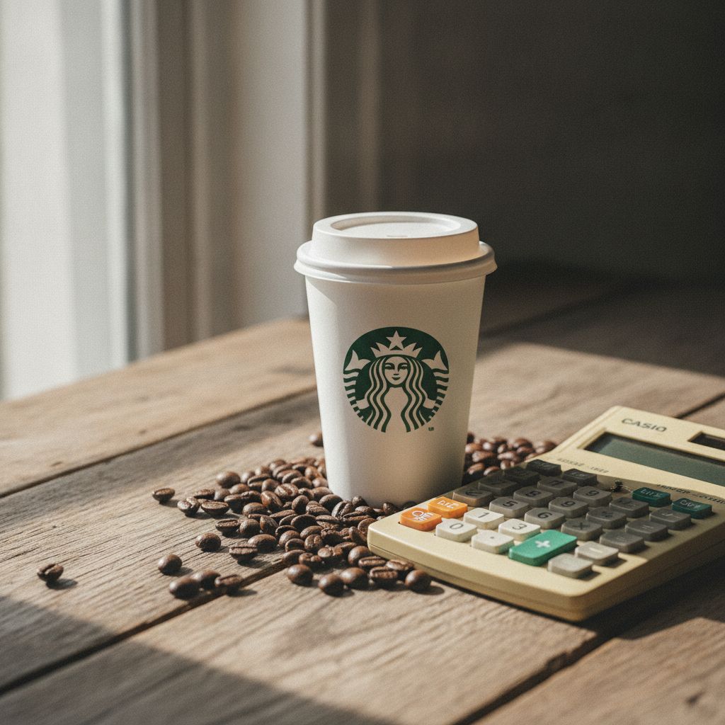 A Starbucks coffee cup sitting on a rustic wooden table with roasted coffee beans around it in soft morning light A Starbucks coffee cup sitting on a rustic wooden table with roasted coffee beans around it in soft morning light