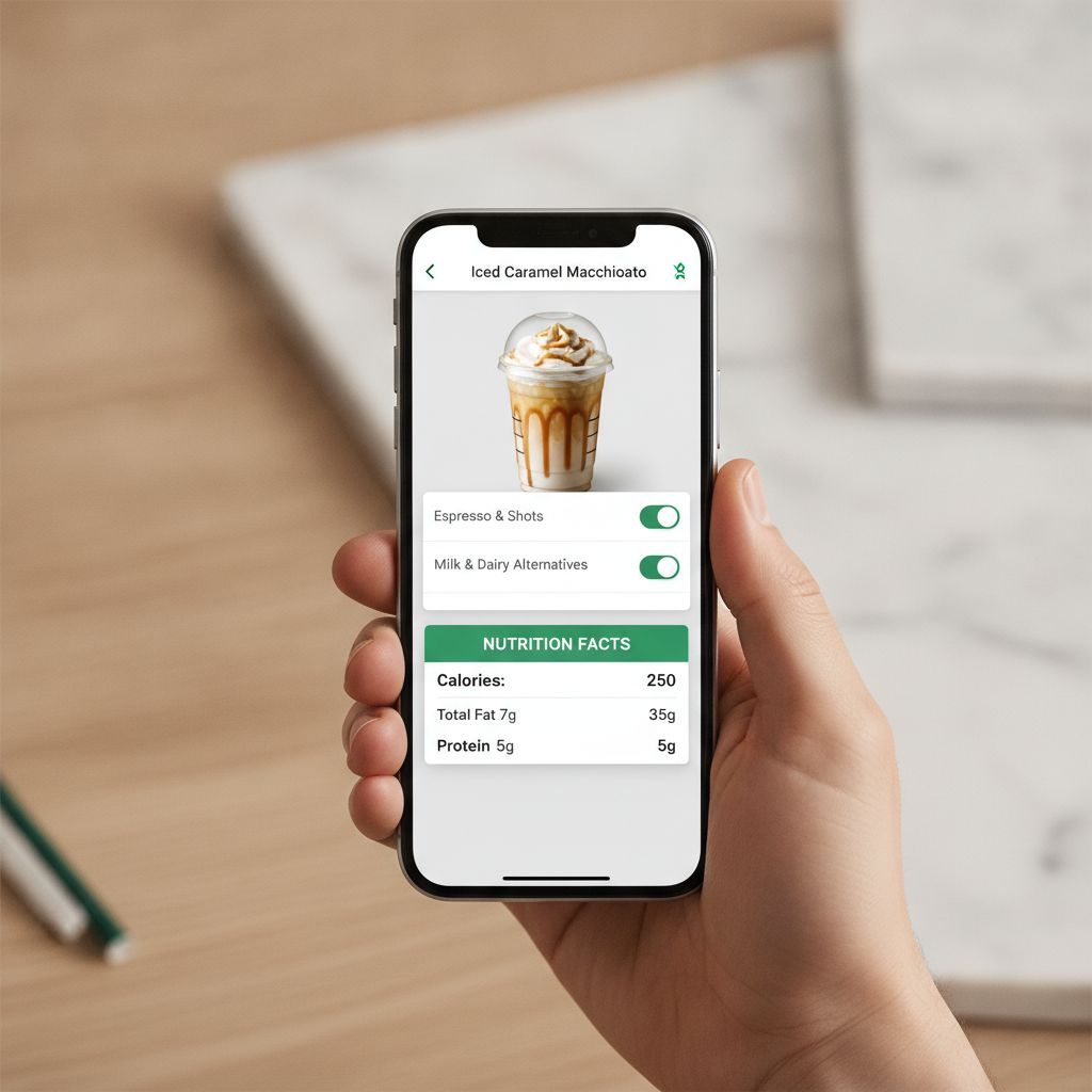 A customer using the Starbucks mobile app on a smartphone to customize a drink and see calories A customer using the Starbucks mobile app on a smartphone to customize a drink and see calories