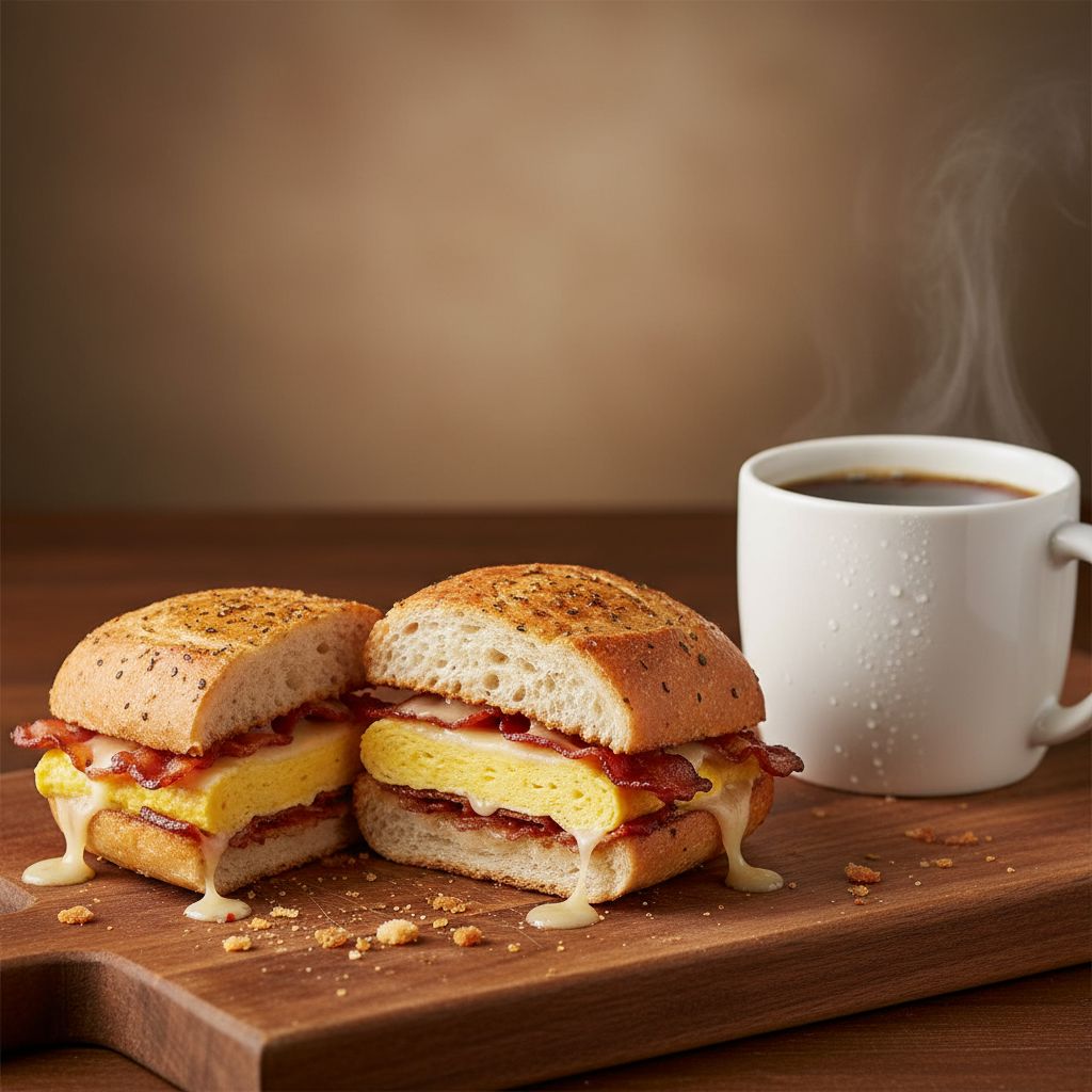 A warm toasted Starbucks Bacon Gouda and Egg sandwich on a wooden board A warm toasted Starbucks Bacon Gouda and Egg sandwich on a wooden board