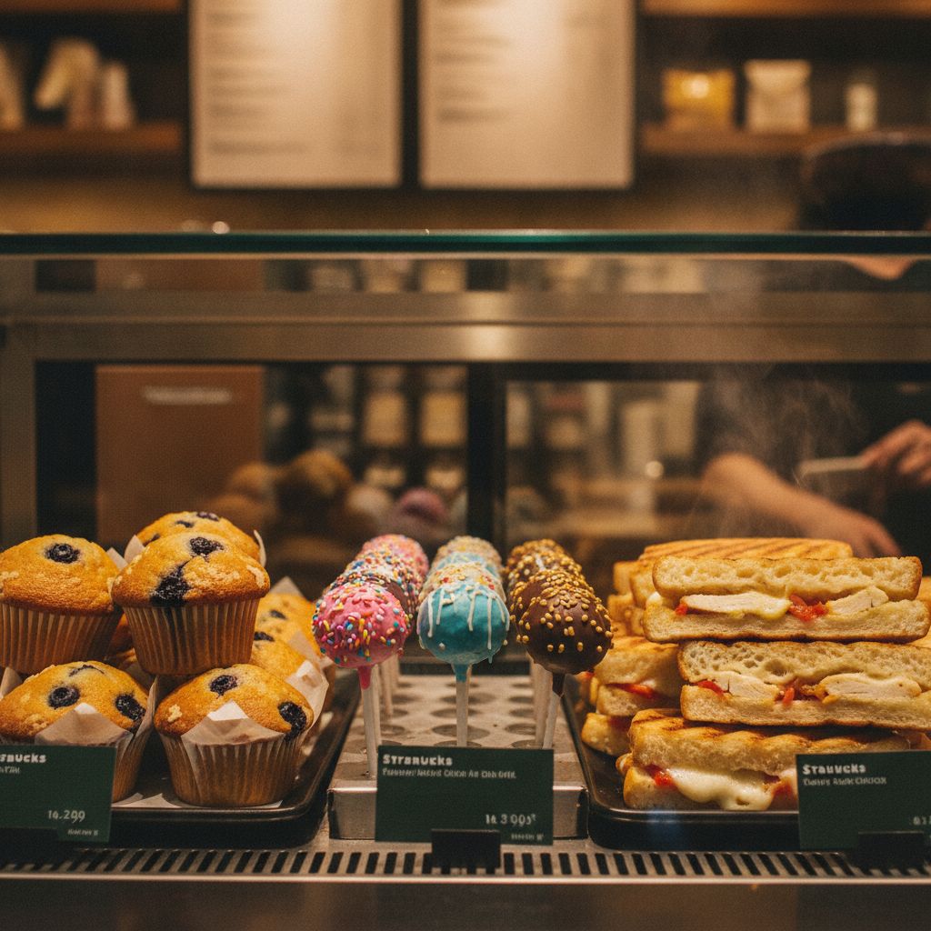 A glass display case inside Starbucks with fresh muffins and cake pops A glass display case inside Starbucks with fresh muffins and cake pops