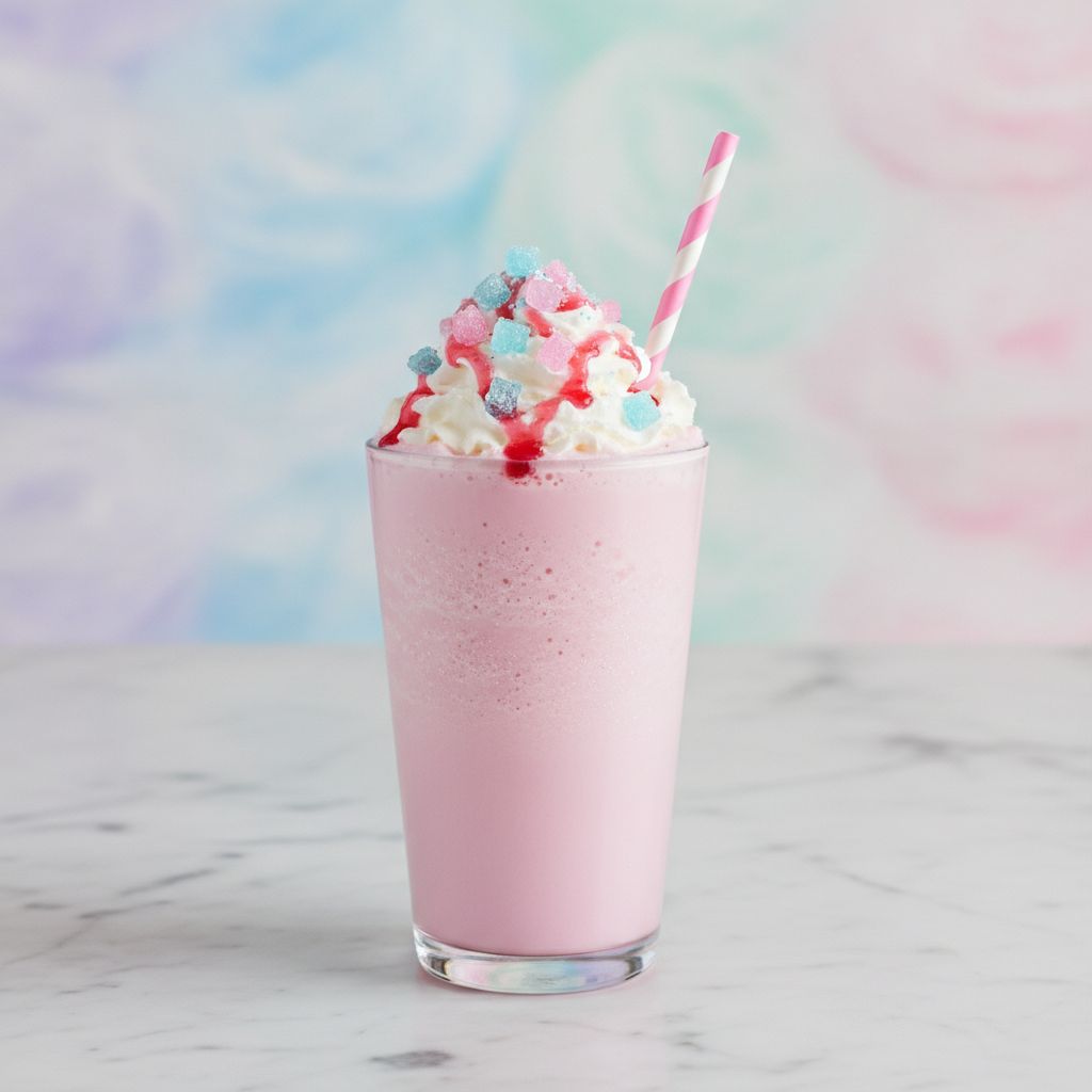 A beautiful pink Cotton Candy Frappuccino on a marble counter A beautiful pink Cotton Candy Frappuccino on a marble counter