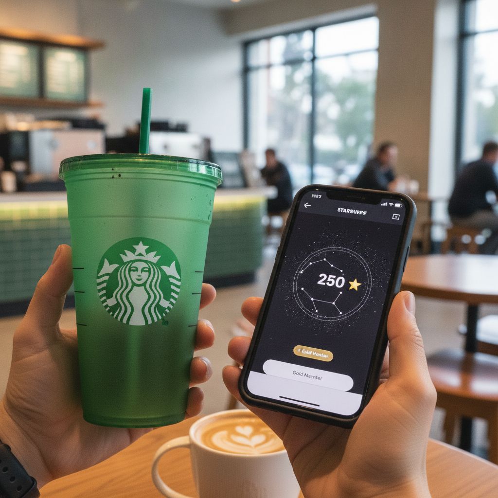 A customer holding a reusable Starbucks cup and a phone showing the Starbucks Rewards app A customer holding a reusable Starbucks cup and a phone showing the Starbucks Rewards app