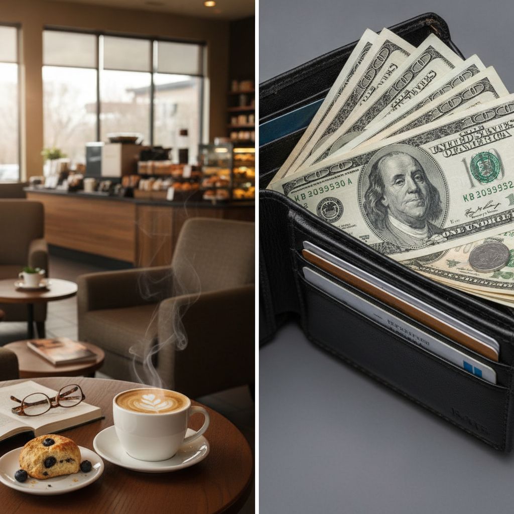 A split-screen style image with a cozy Starbucks on one side and a wallet on the other A split-screen style image with a cozy Starbucks on one side and a wallet on the other