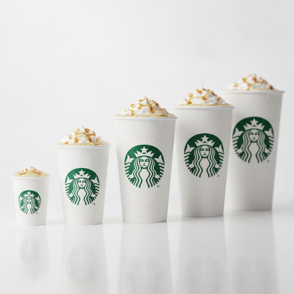 A clean line-up of Starbucks cup sizes from Short to Trenta on a white counter A clean line-up of Starbucks cup sizes from Short to Trenta on a white counter
