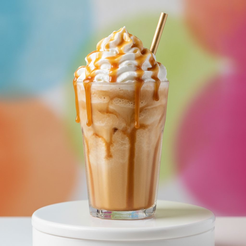 A sweet Caramel Frappuccino topped with whipped cream and caramel sauce A sweet Caramel Frappuccino topped with whipped cream and caramel sauce