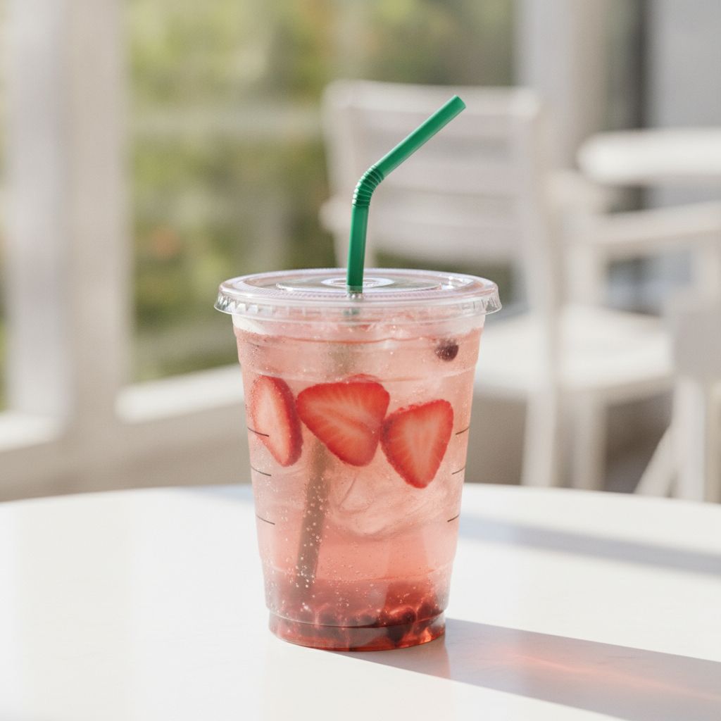 A sweet pink Strawberry Açaí Refresher in a clear cup with green straw A sweet pink Strawberry Açaí Refresher in a clear cup with green straw