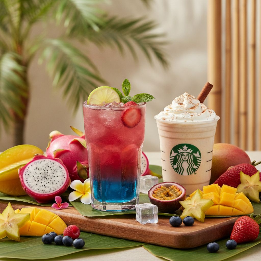 Colorful summer Starbucks setup with Tropical Butterfly Refresher and Horchata Frappuccino Colorful summer Starbucks setup with Tropical Butterfly Refresher and Horchata Frappuccino