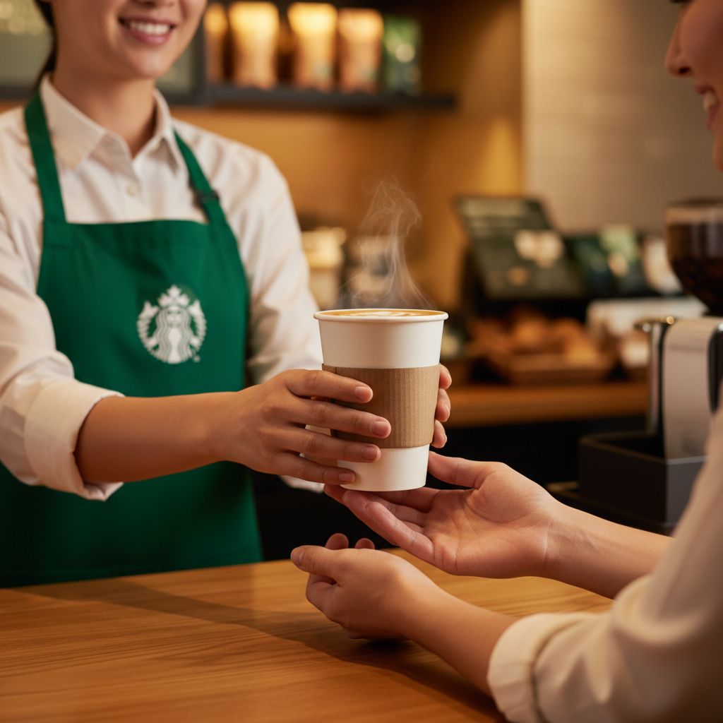 A friendly Starbucks barista in a green apron handing a warm cup of coffee to a customer A friendly Starbucks barista in a green apron handing a warm cup of coffee to a customer