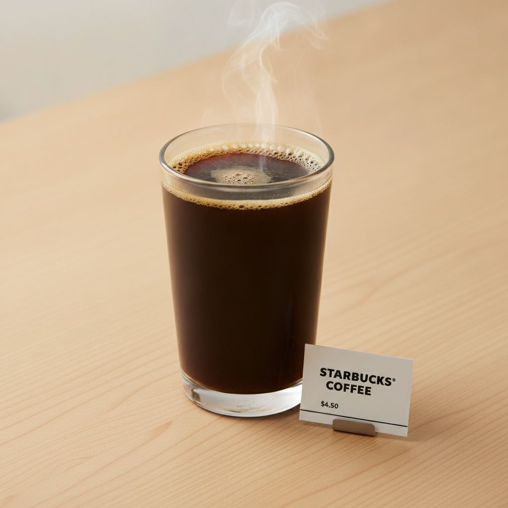 A simple Tall cup of freshly brewed black Starbucks coffee sitting next to a small price tag A simple Tall cup of freshly brewed black Starbucks coffee sitting next to a small price tag