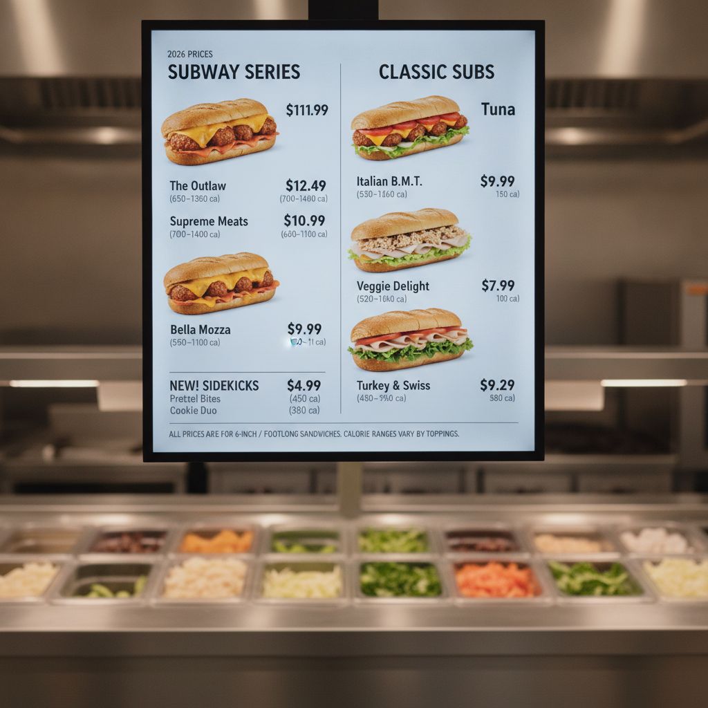 A modern Subway restaurant menu board showing 2026 prices and new sandwich options A modern Subway restaurant menu board showing 2026 prices and new sandwich options