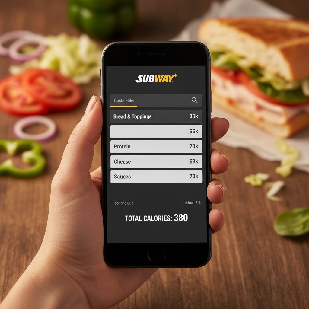 A person using the Subway app on a mobile phone to calculate calories A person using the Subway app on a mobile phone to calculate calories