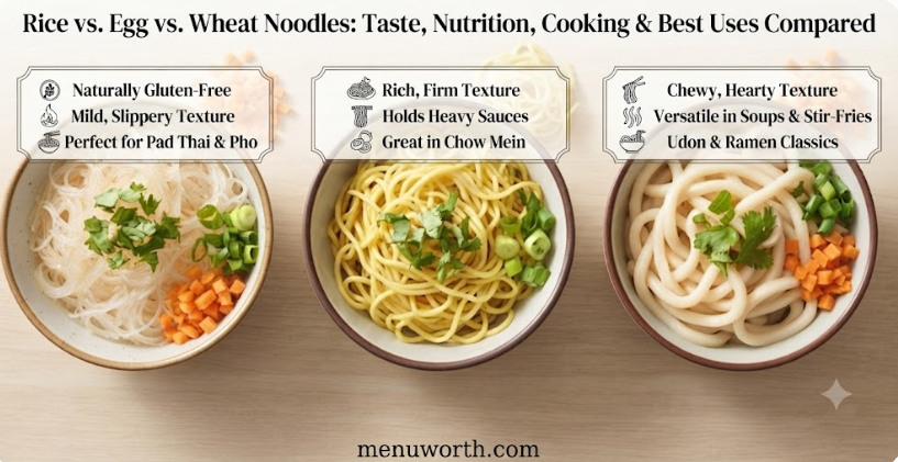 Rice vs. Egg vs. Wheat Noodles: Taste, Nutrition, Cooking & Best Uses Compared