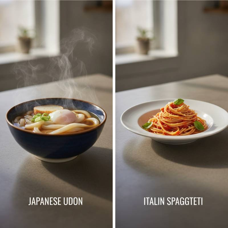 A bowl of hot udon soup next to a plate of Italian spaghetti
