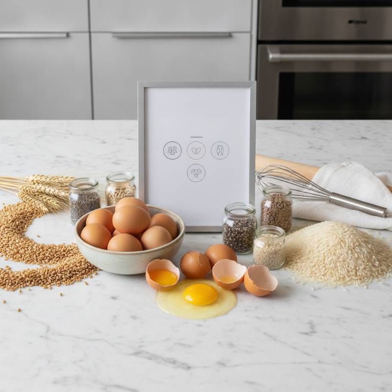 Modern kitchen with fresh ingredients and a nutrition guide