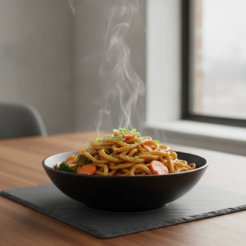 Thick yellow egg noodles tossed in a rich brown savory sauce
