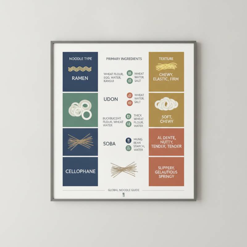 Organized chart comparing different types of Asian noodles