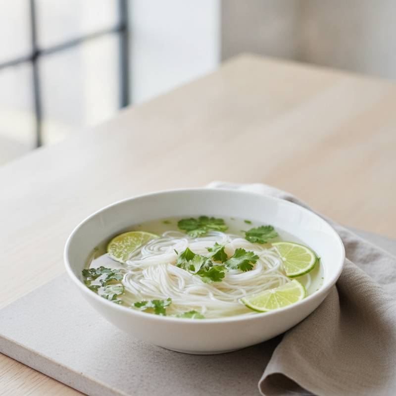 White translucent rice noodles in a clear broth with fresh herbs