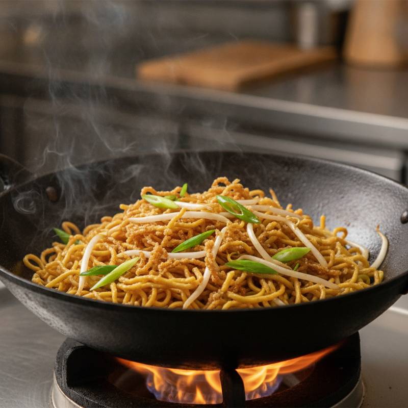 Stir fried yellow egg noodles with crispy edges in a hot wok