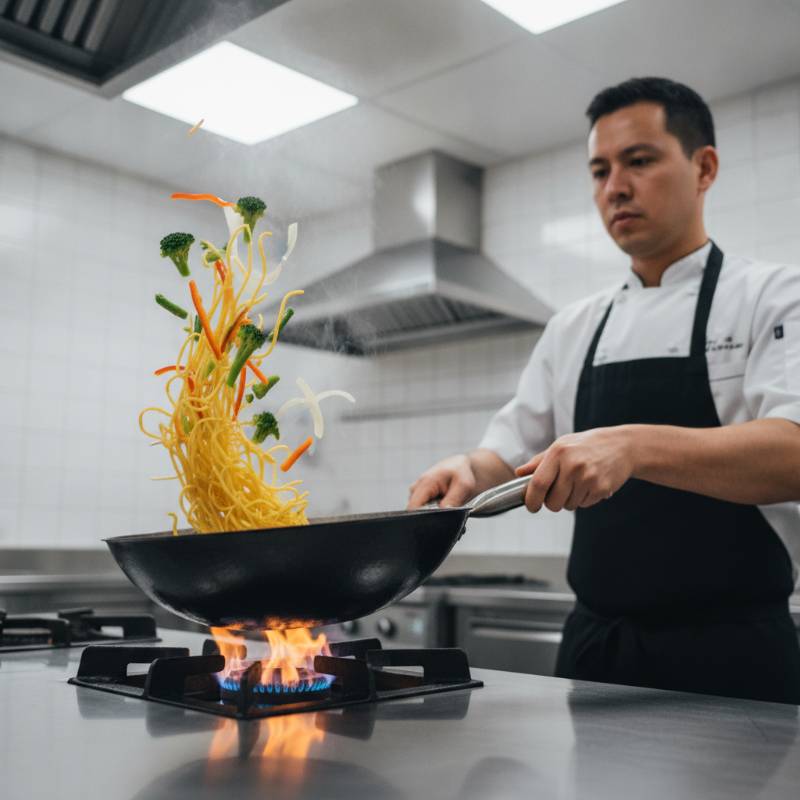 Stir frying noodles in a hot metal wok with a spatula