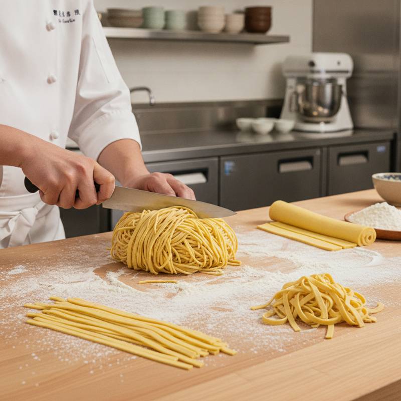 Freshly cut yellow egg noodles on a flour-dusted wooden board