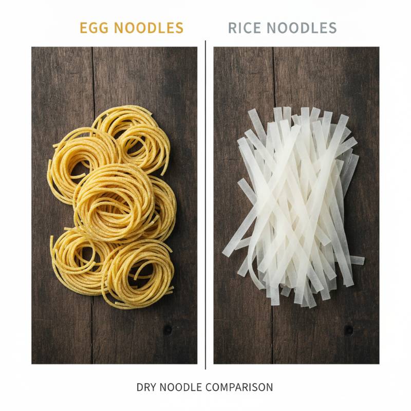 Comparison of yellow wheat noodles and white rice noodles side by side