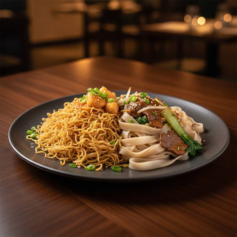 Thin crispy chow mein noodles next to wide flat chow fun noodles