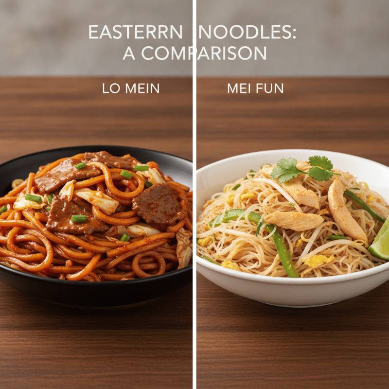 Thick lo mein noodles compared with thin rice vermicelli mei fun noodles