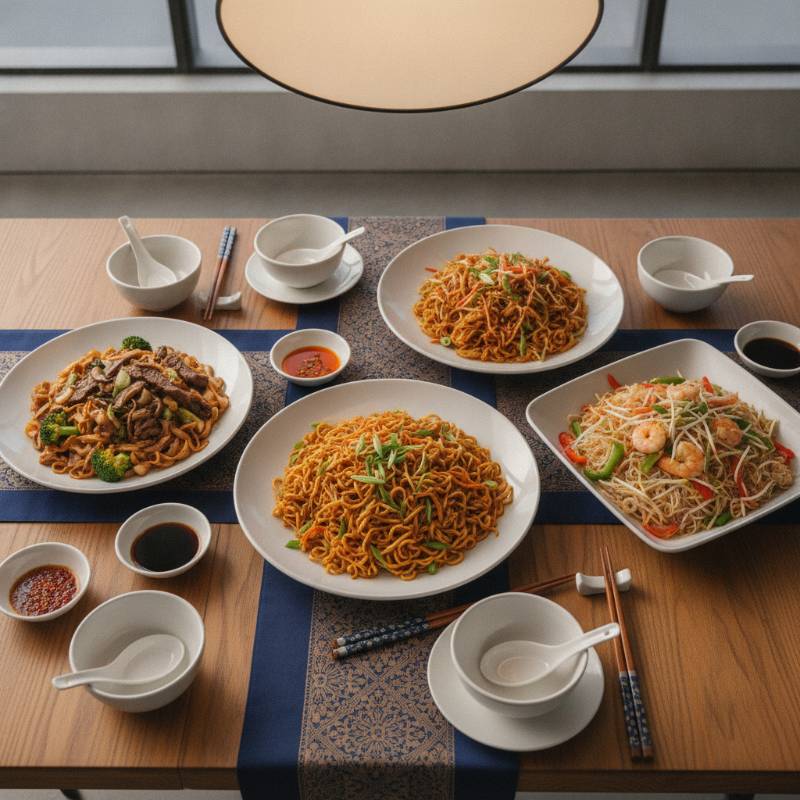 A colorful spread of various Asian noodle dishes on a table