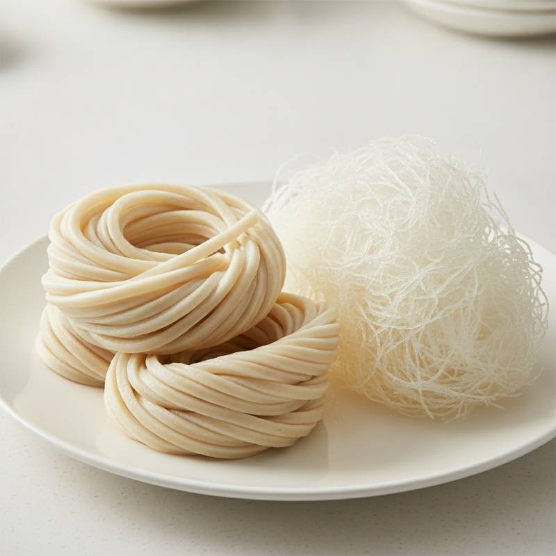 Close-up of raw udon noodles and dry rice vermicelli showing density