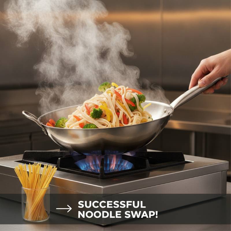 Stir-fry pan with rice noodles, bell peppers, and broccoli