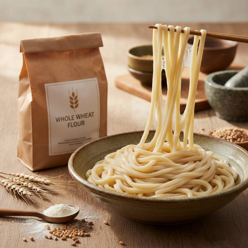 Bag of wheat flour next to fresh thick udon noodles