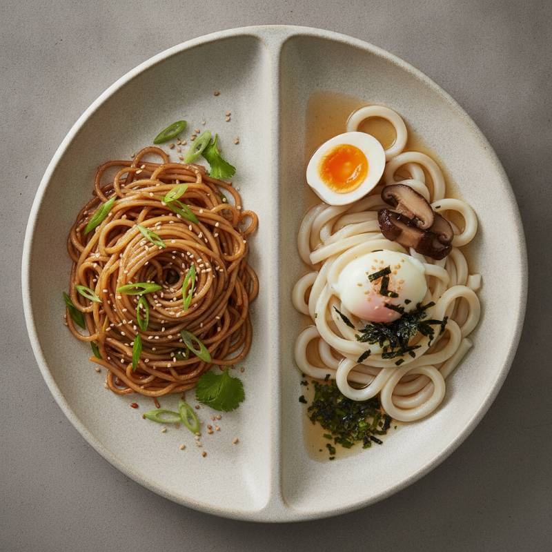 A divided plate showing cooked rice noodles and cooked udon noodles