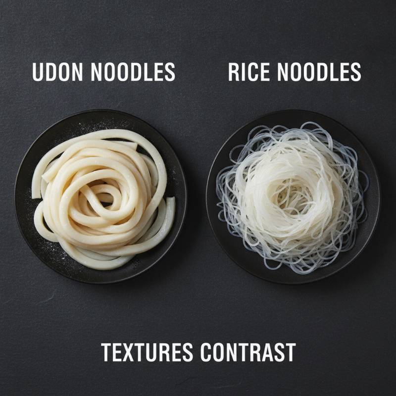 Side-by-side comparison of raw udon noodles and raw rice noodles on a dark slate background